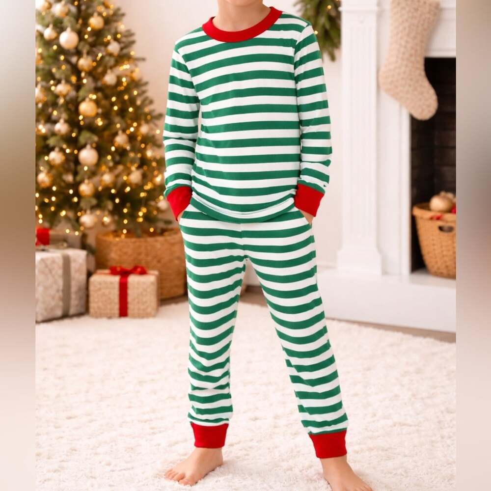 Hanna Andersson Kids Holiday Green & White Stripe Pajama Set Red Trim Size 8